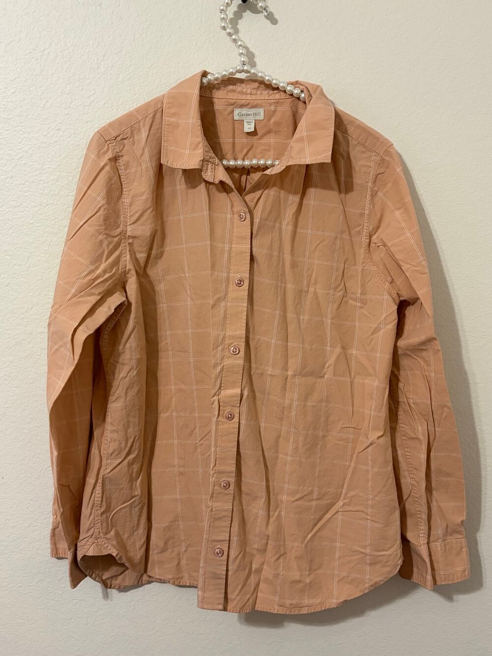 Garnet Hill Button Up Top Size 12 Organic Pima Cotton Peachy Pink Casual Shirt